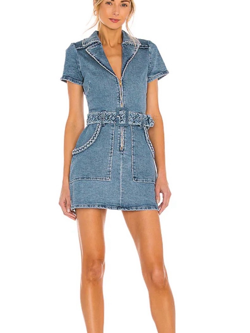 Show Me Your MuMu Outlaw Denim Zip-Front Mini Dress with Braided Belt